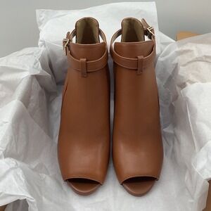 Michael Kors Luggage Brown Leather Peep Toe Ankle Booties Side Cutout Heel